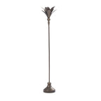 Antique bronze metal candle holder with a tall slender stem, decorative leaf-shaped top and round base.