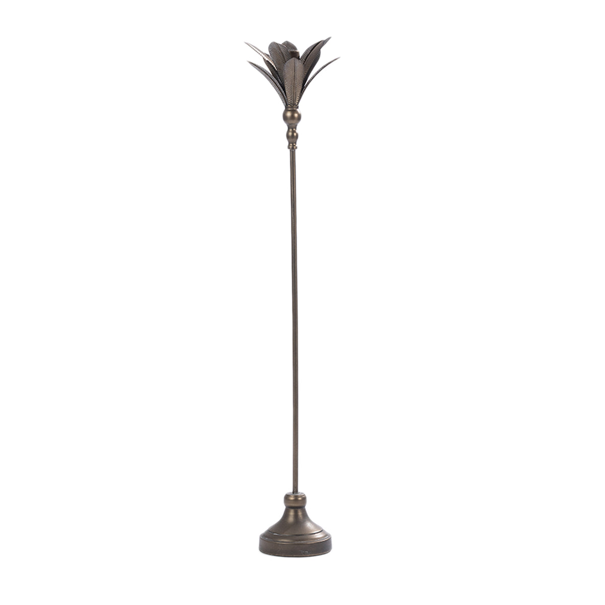 Antique bronze metal candle holder with a tall slender stem, decorative leaf-shaped top and round base.