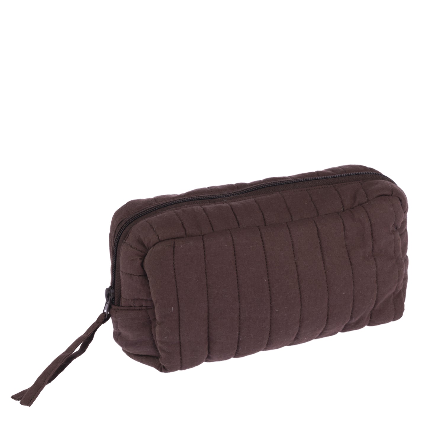 Design Plus Quinn Quilted Travel Bag in Chocolate, featuring a compact rectangular shape, vertical quilted stitching, zip-top closure and fabric zip pull.
