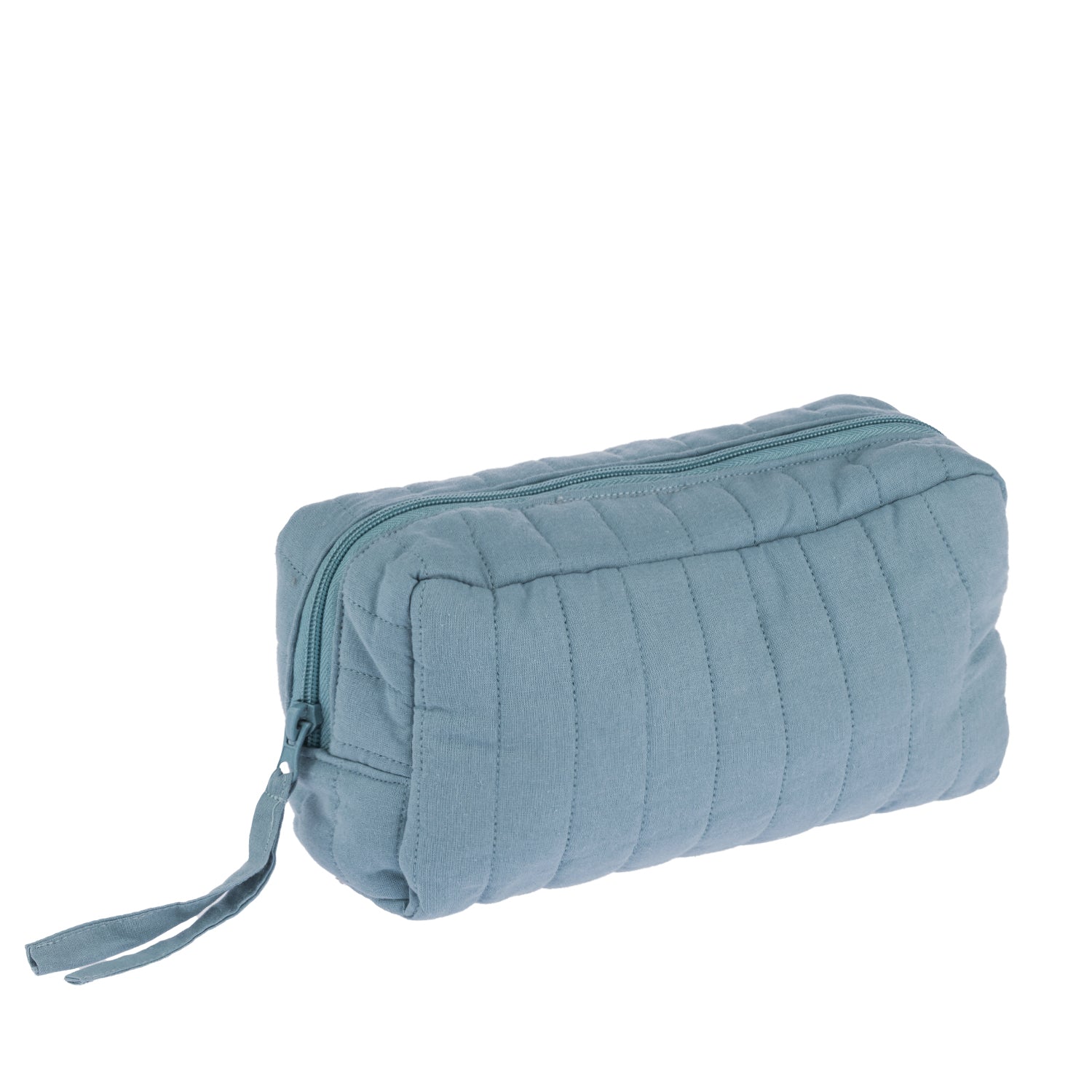 Design Plus Quinn Quilted Travel Bag in Denim, featuring a compact rectangular shape, vertical quilted stitching, zip-top closure and fabric zip pull.