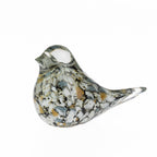 Hand-blown decorative glass bird figurine with a mottled grey, white, black, and amber finish, displayed on a white background.