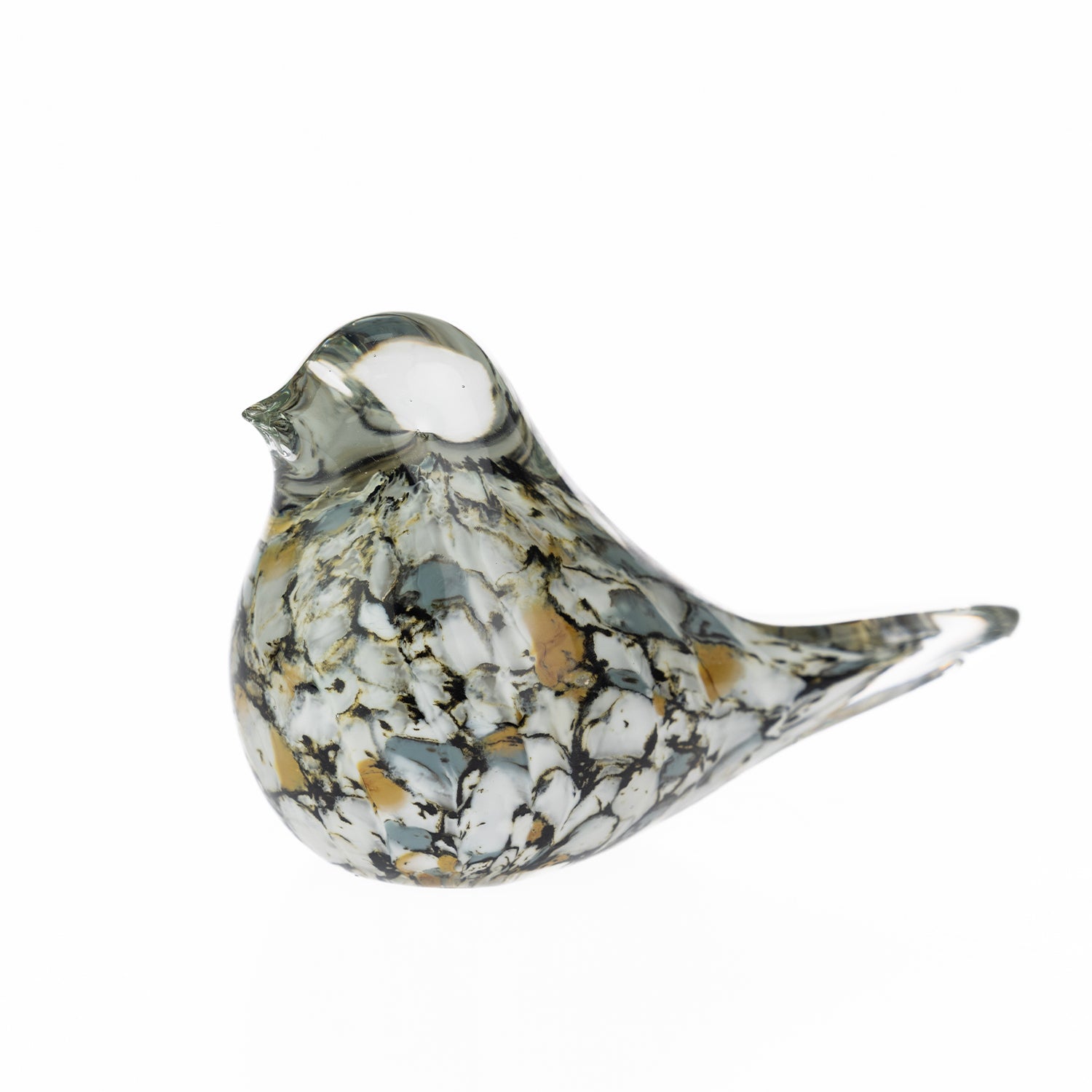 Hand-blown decorative glass bird figurine with a mottled grey, white, black, and amber finish, displayed on a white background.