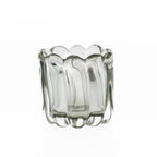 Smoked grey hand-blown glass tealight holder with a scalloped rim and sculpted ribbed design, displayed on a white background.