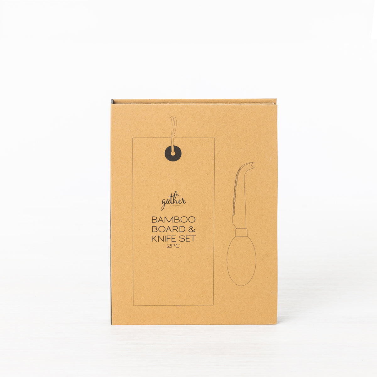 Gather 2 Piece Bamboo Board & Knife Set presented in a closed kraft cardboard gift box featuring an illustration of the board and knife.
