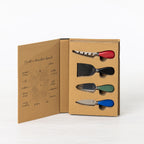 Gather 4 Piece Cheese Knife Set Multi-Coloured displayed in open gift packaging with four different cheese serving utensils and colourful handles.