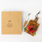 Gather 2 Piece Acacia Board & Knife Set featuring a natural acacia serving board with crackers and strawberries alongside a matching cheese knife and packaging.