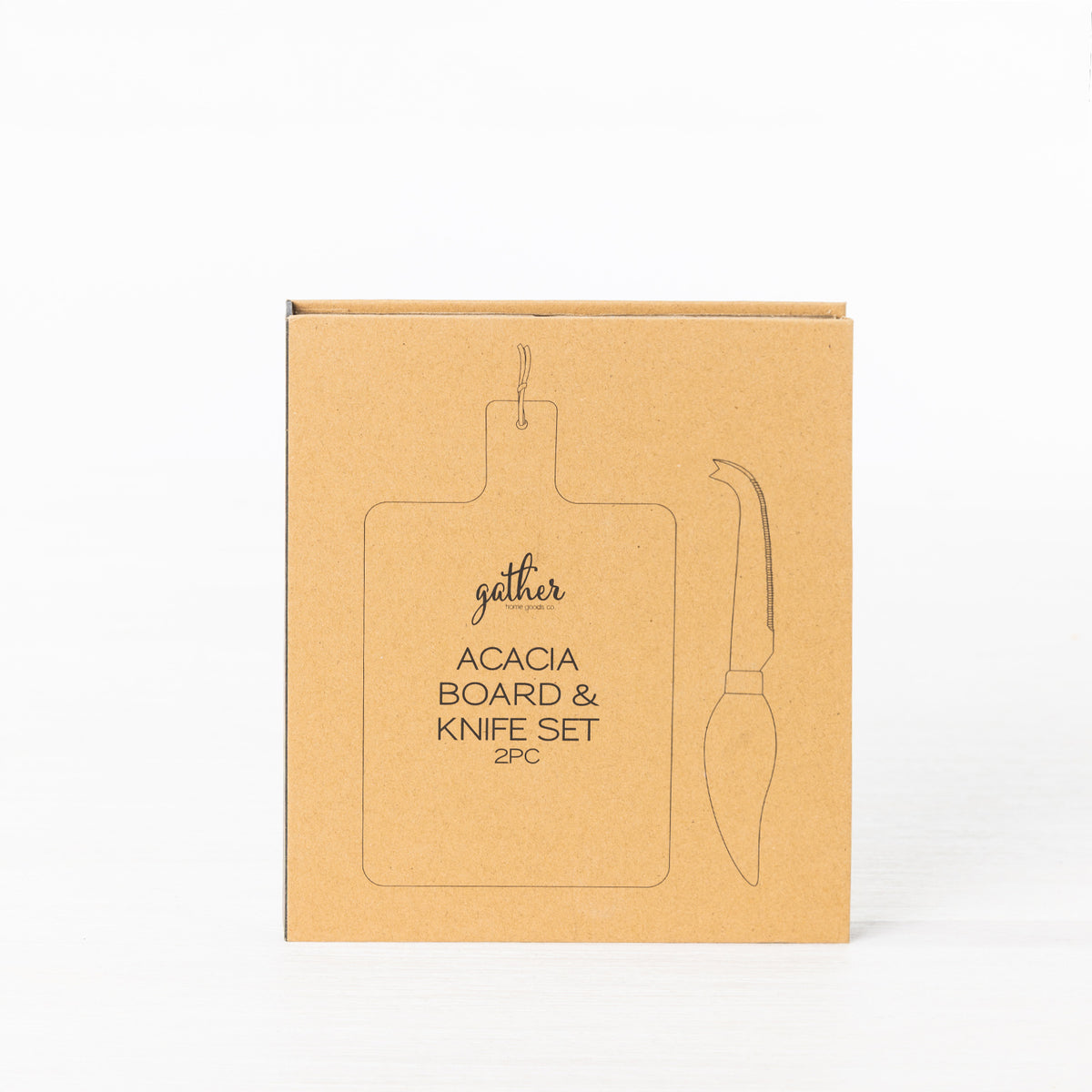 Gather 2 Piece Acacia Board & Knife Set presented in a closed kraft cardboard gift box featuring an illustration of the paddle board and cheese knife.