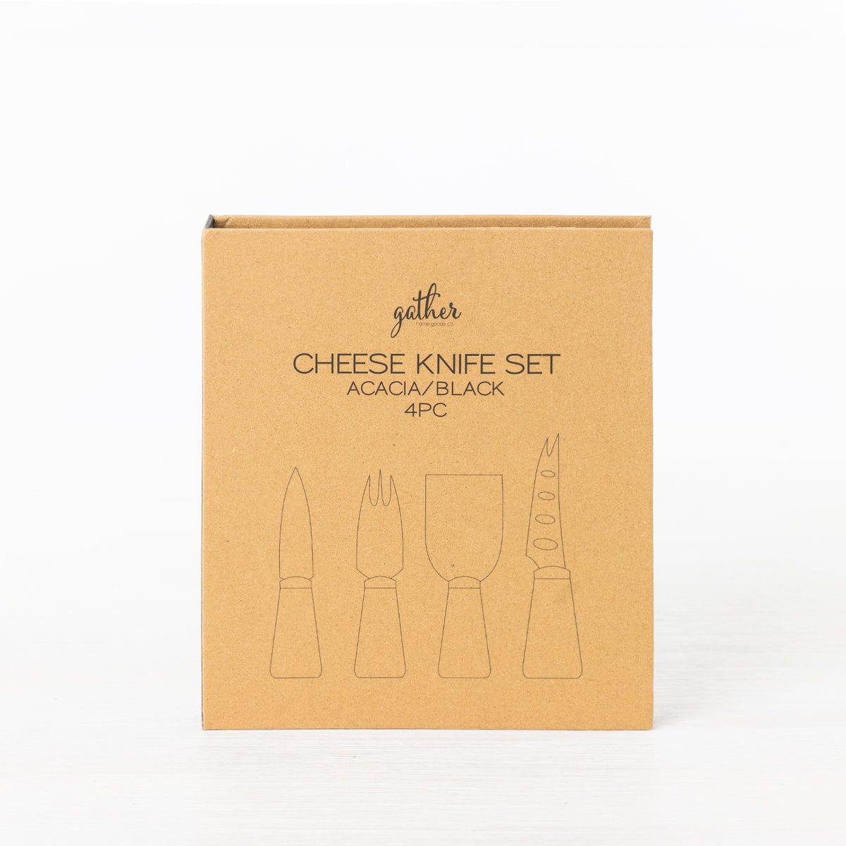 Gather 4 Piece Cheese Knife Set Acacia Black presented in a closed kraft cardboard gift box with illustrations of four cheese utensils.