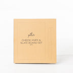 Gather 2 Piece Cheese Knife & Slate Board Set presented in a closed kraft cardboard gift box with illustrations of the slate board and cheese knife.