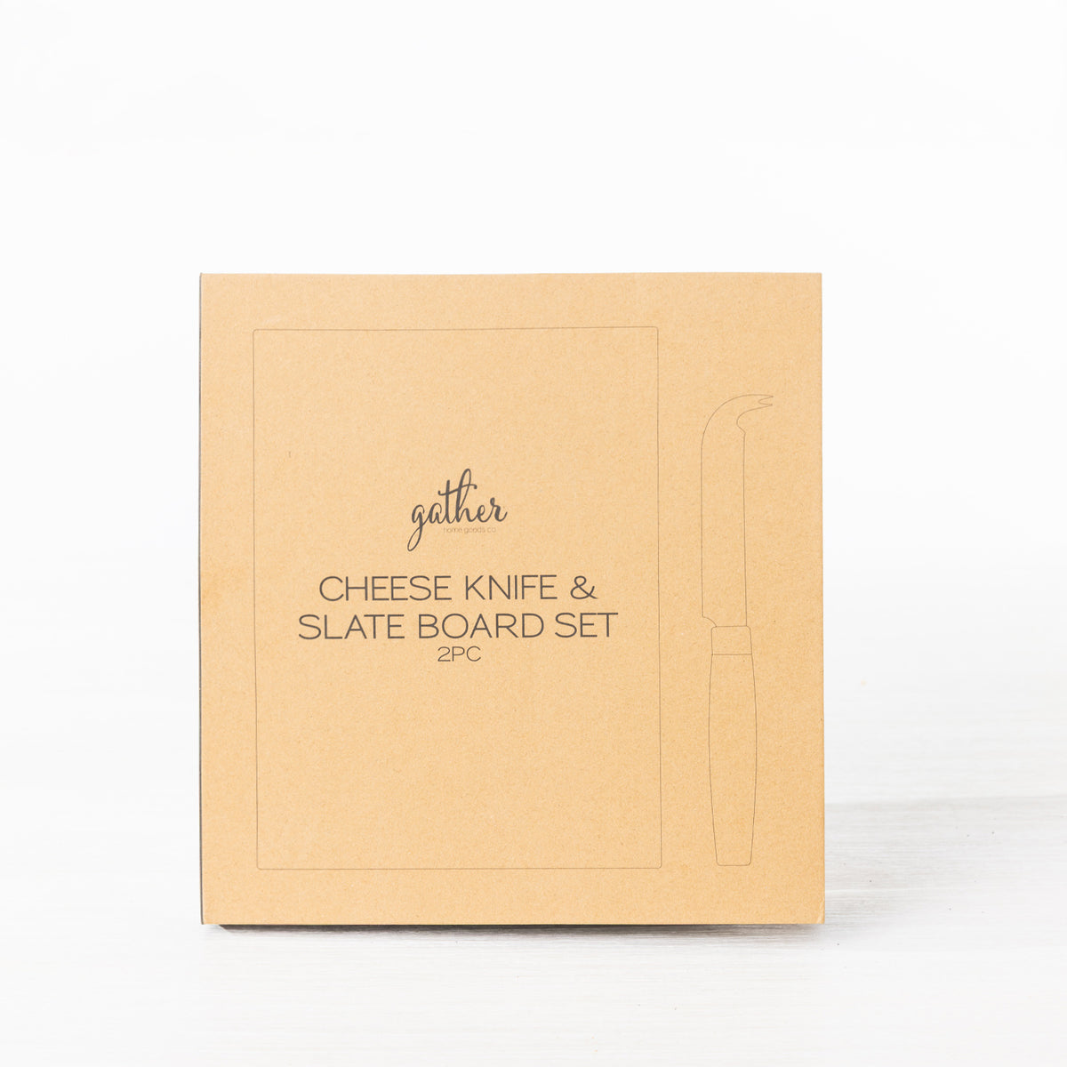Gather 2 Piece Cheese Knife & Slate Board Set presented in a closed kraft cardboard gift box with illustrations of the slate board and cheese knife.