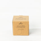 Gather Acacia Spice Container Set presented in a closed kraft cardboard box with branding and an illustration of the spice container, lid and spoon.