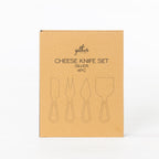 Gather 4 Piece Cheese Knife Set Silver presented in a closed kraft cardboard gift box featuring illustrations of the four cheese serving utensils.