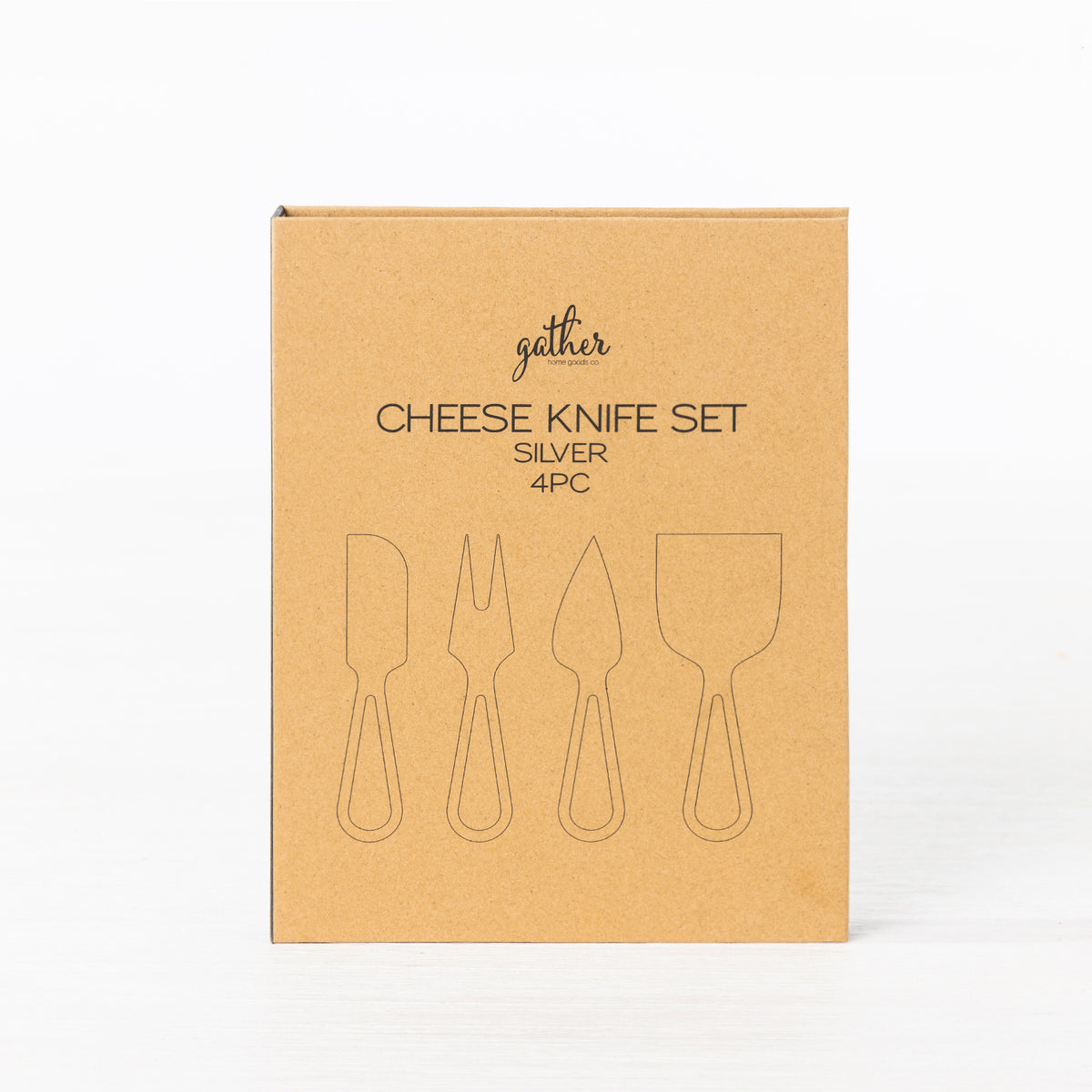Gather 4 Piece Cheese Knife Set Silver presented in a closed kraft cardboard gift box featuring illustrations of the four cheese serving utensils.