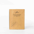 Gather 4 Piece Acacia Board & Knife Set presented in a kraft cardboard gift box featuring illustrations of the serving board and three cheese utensils.