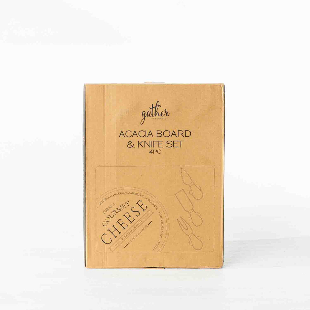 Gather 4 Piece Acacia Board & Knife Set presented in a kraft cardboard gift box featuring illustrations of the serving board and three cheese utensils.