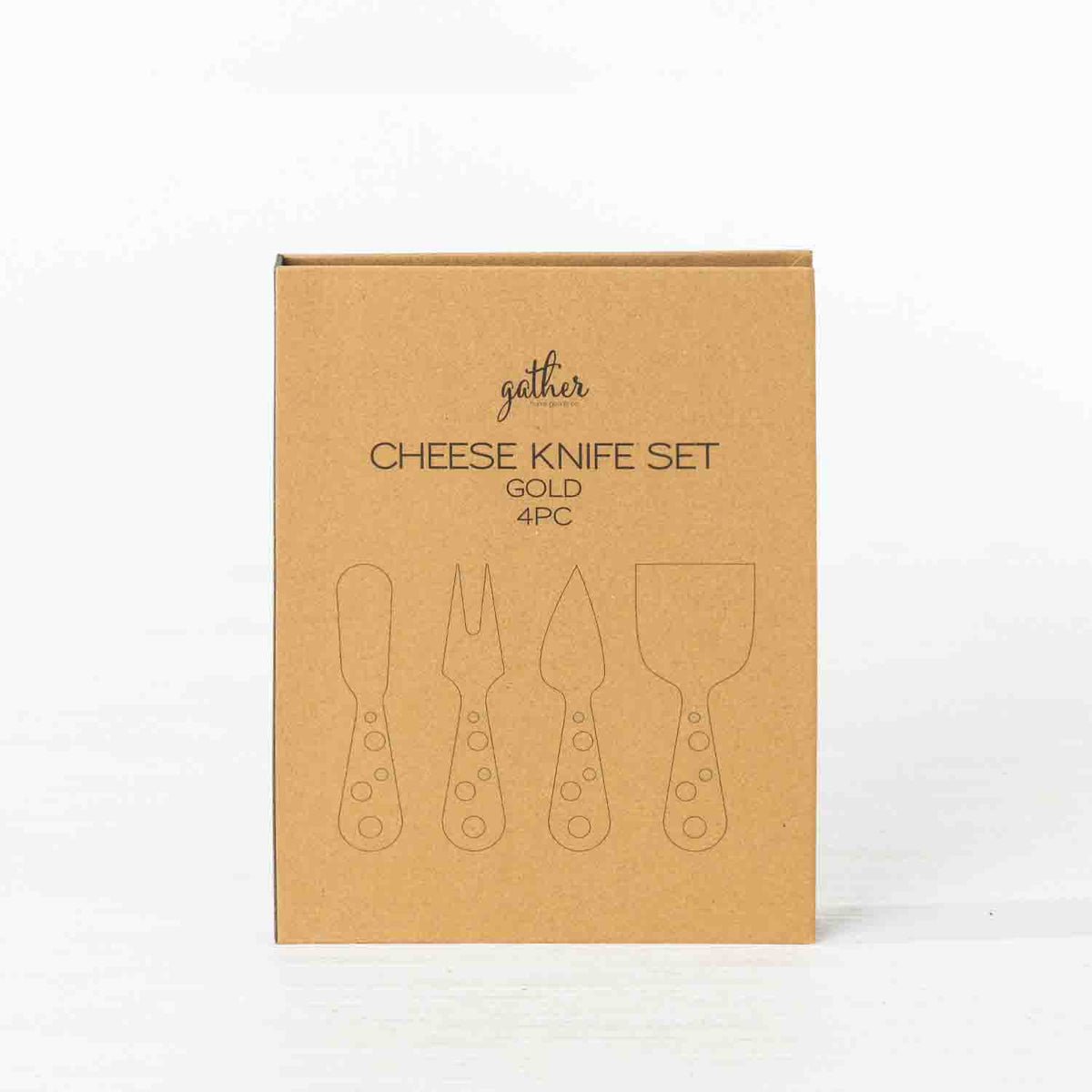 Gather 4 Piece Cheese Knife Set Gold presented in a closed kraft cardboard gift box featuring illustrations of four cheese serving utensils.