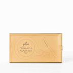 Gather 3 Piece Ceramic & Acacia Set Round presented in a kraft cardboard box with illustrations of the round serving board, ceramic insert and cheese knife.