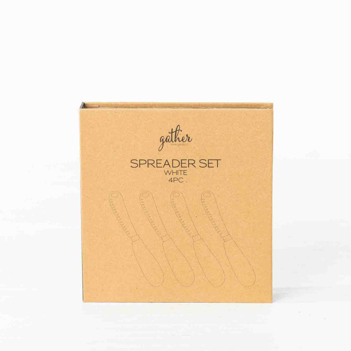 Gather 4 Piece Spreader Set White presented in a closed kraft cardboard gift box featuring illustrations of the four spreaders.