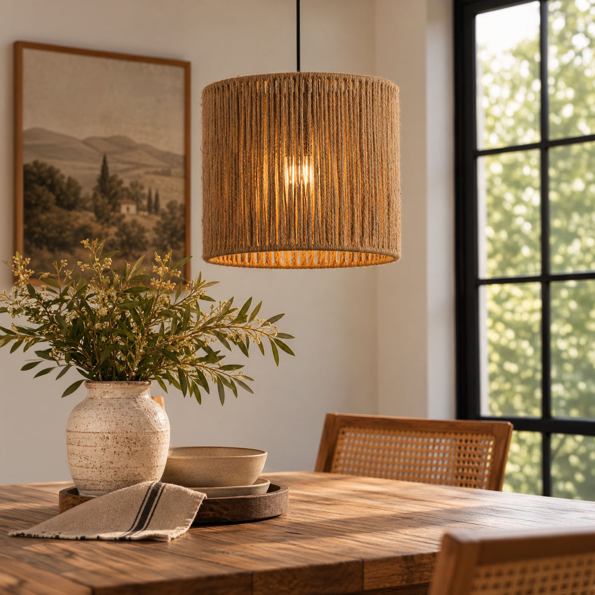 A cylindrical pendant light with a woven straw or jute shade hangs over a wooden dining table in a bright, modern room with a window, framed landscape print, and a vase of greenery.