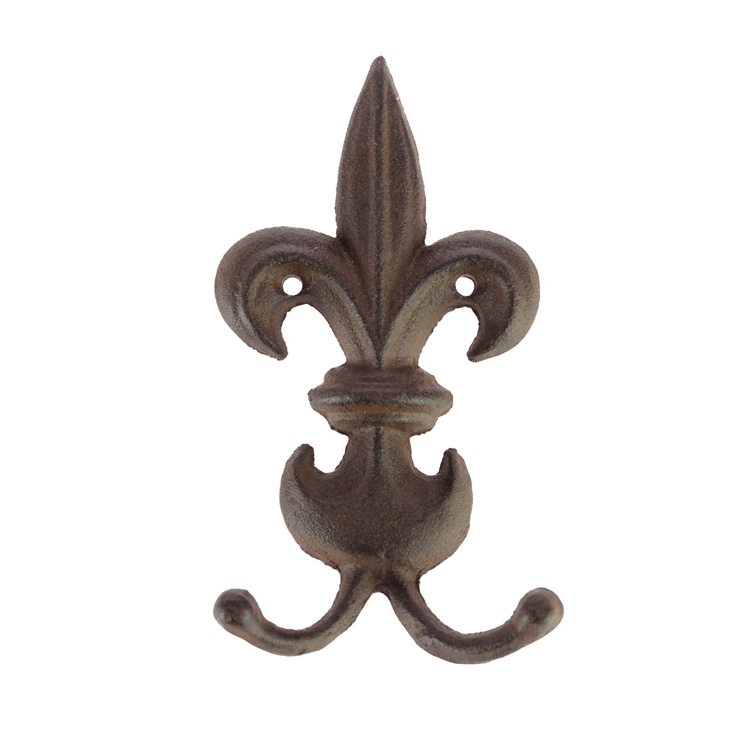 A decorative dark metal fleur-de-lis wall hook with two curved prongs is shown against a plain light background.