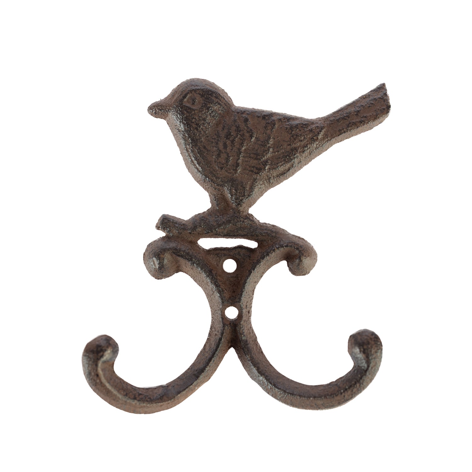 A decorative dark metal wall hook featuring a perched bird above two curved hooks is shown against a plain light background.