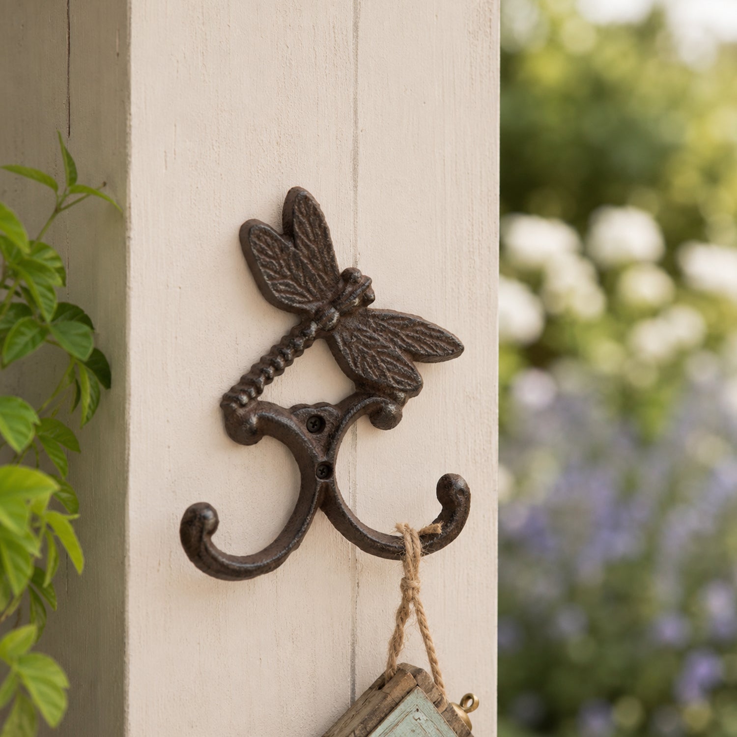 A decorative dark metal wall hook featuring a dragonfly above two curved hooks is mounted on a light-colored post, holding a hanging string ornament against a softly blurred garden backdrop.