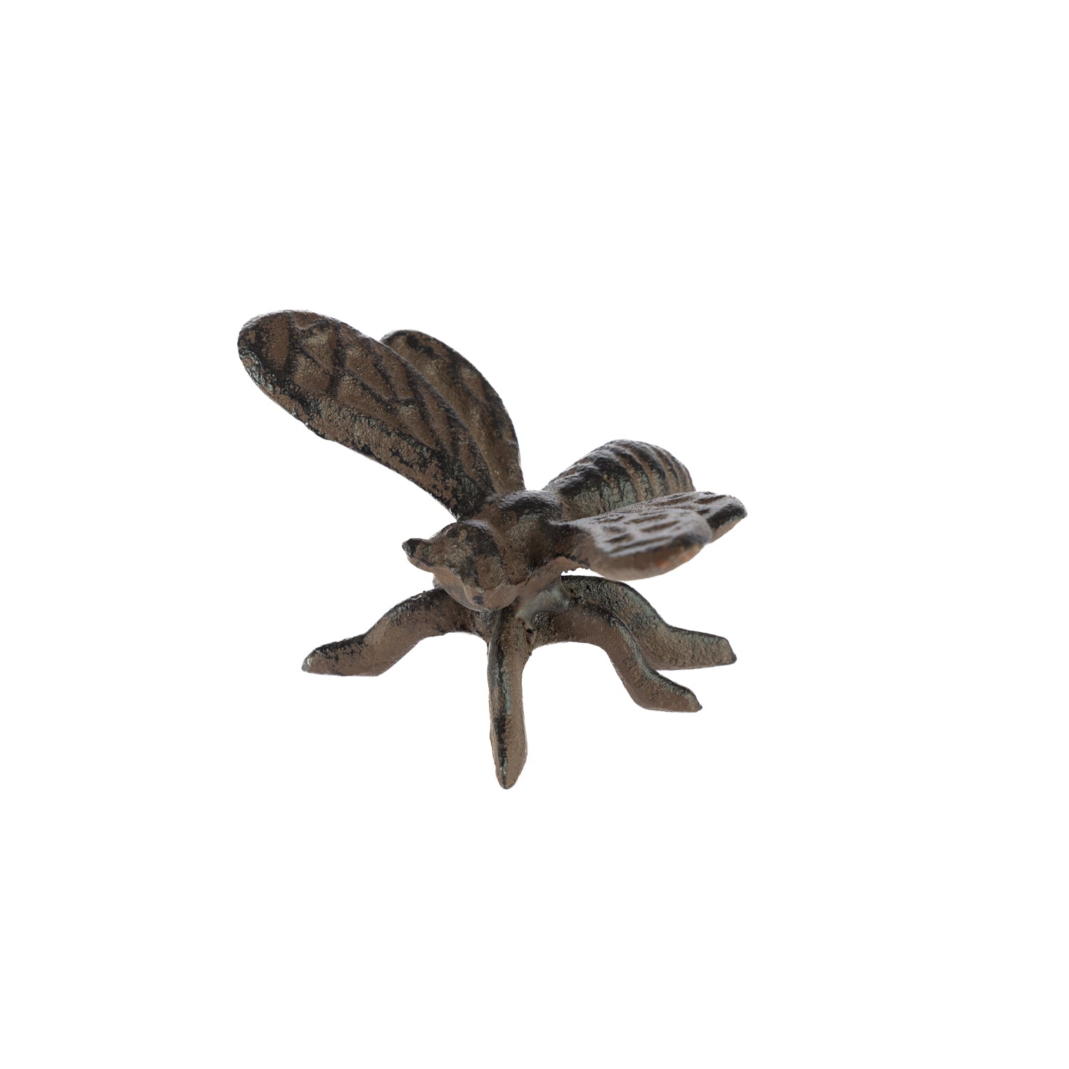 A decorative dark metal bee ornament with textured wings, a striped body, and six legs is shown against a plain light background.
