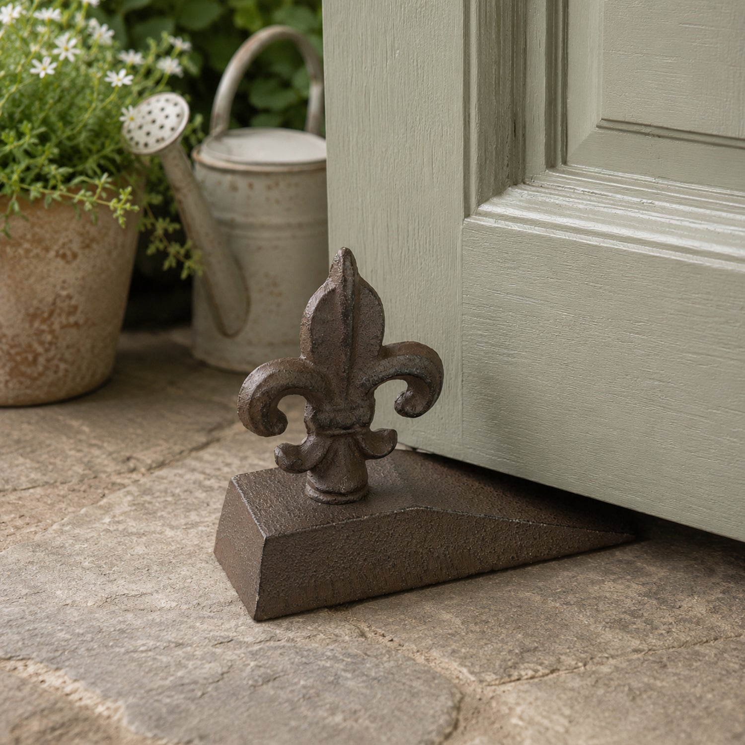 A decorative dark metal fleur-de-lis doorstop on a wedge-shaped base is positioned beneath a partially open door on a stone patio, with potted flowers and a watering can in the background.