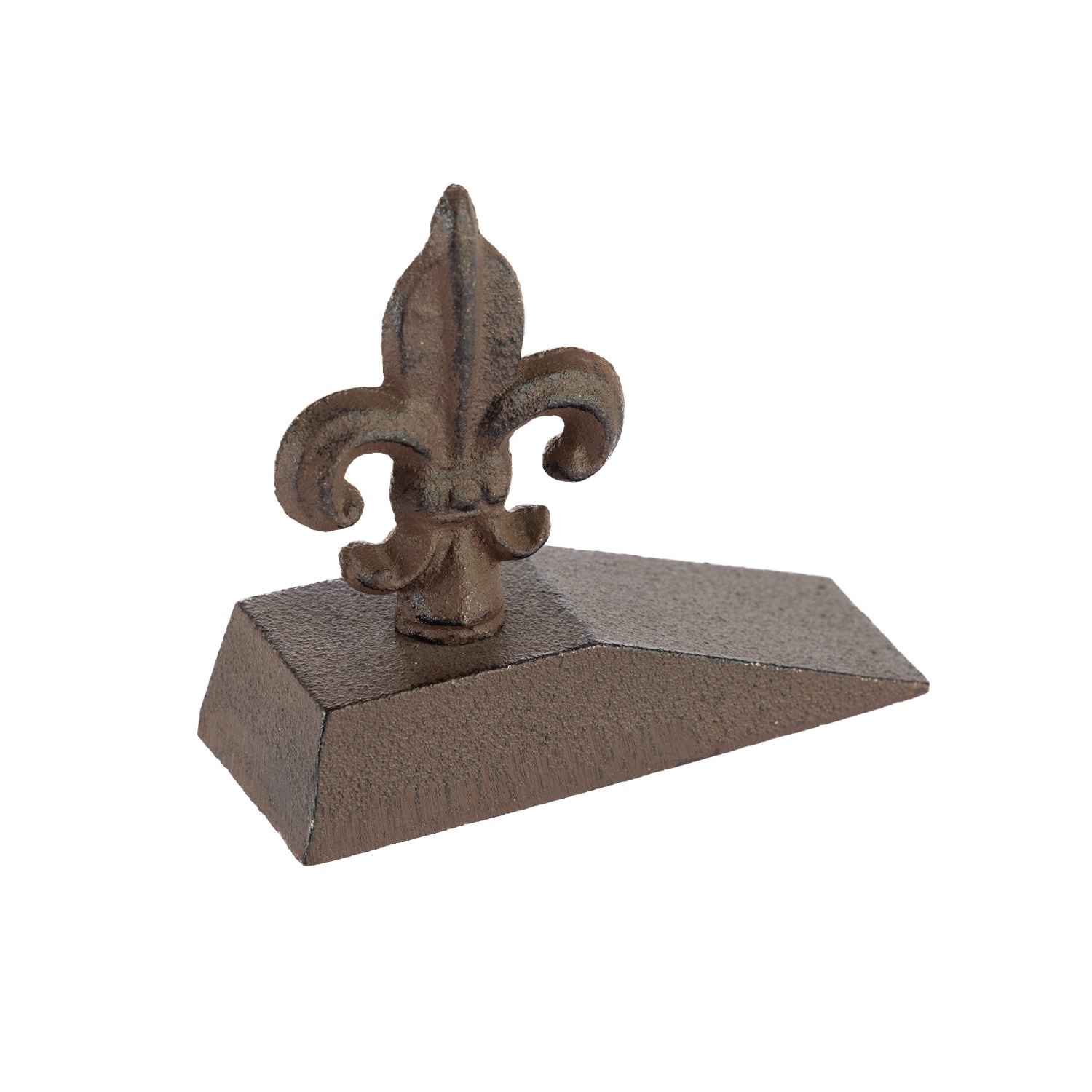 A decorative dark metal fleur-de-lis doorstop mounted on a wedge-shaped base is shown against a plain light background.