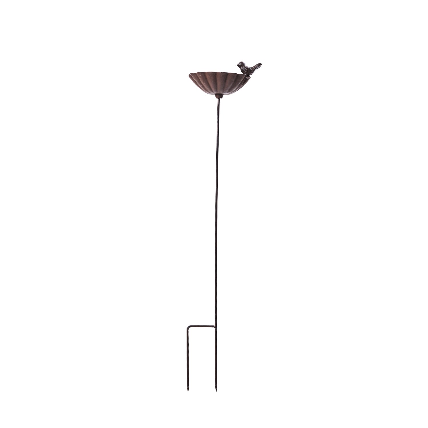 A decorative metal garden stake with a scalloped flower bowl, perched bird accent, and ground prongs is shown isolated against a plain light background.