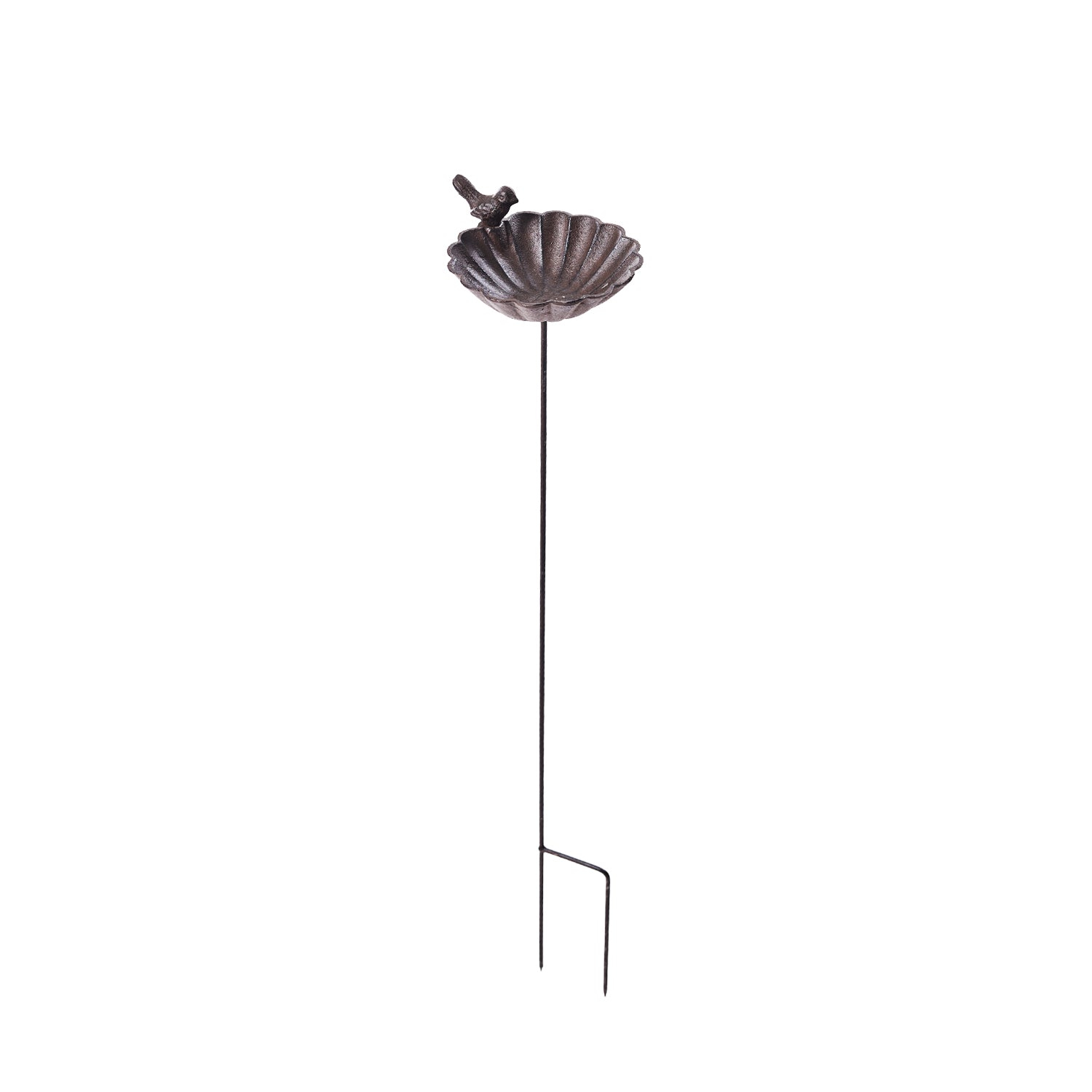 A decorative metal garden stake with a scalloped flower bowl, perched bird accent, and ground prongs is shown isolated against a plain light background.