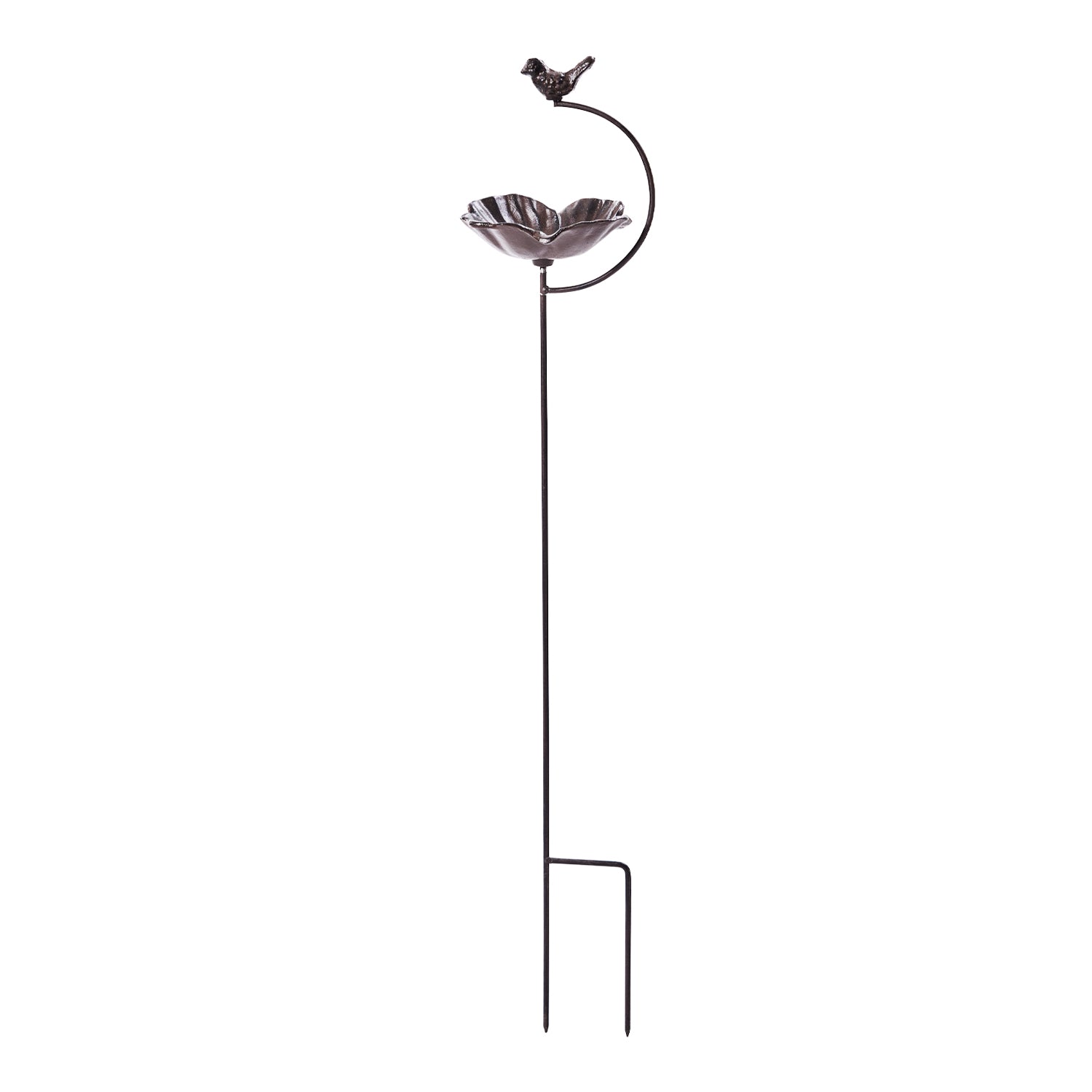 A decorative metal garden stake featuring a flower-shaped dish and a small perched bird on a curved arm is shown against a plain light background.