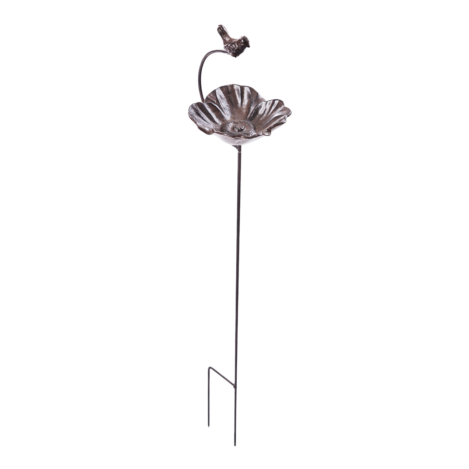 A decorative metal garden stake featuring a flower-shaped dish and a small perched bird on a curved arm is shown against a plain light background.