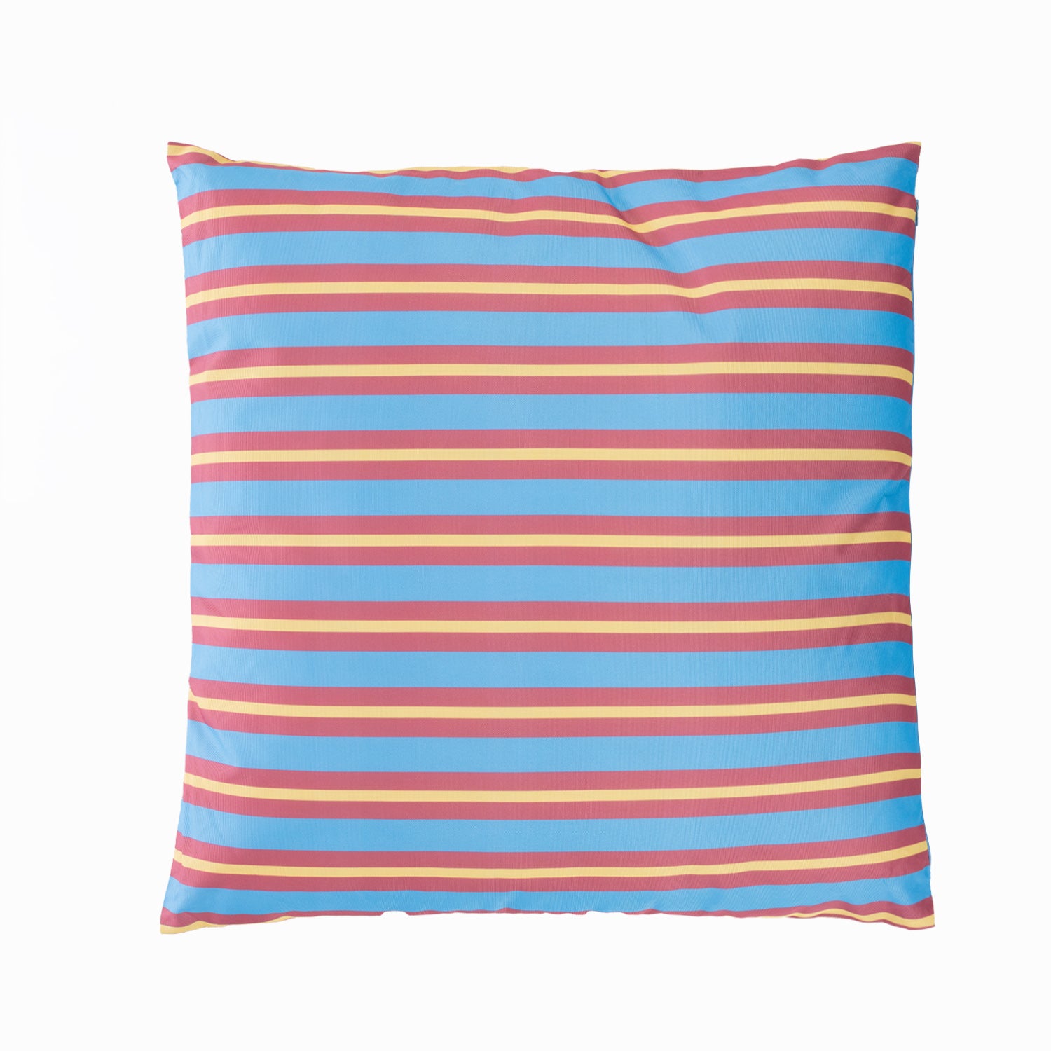 Striped cushion with blue, pink, and yellow colors on a white background