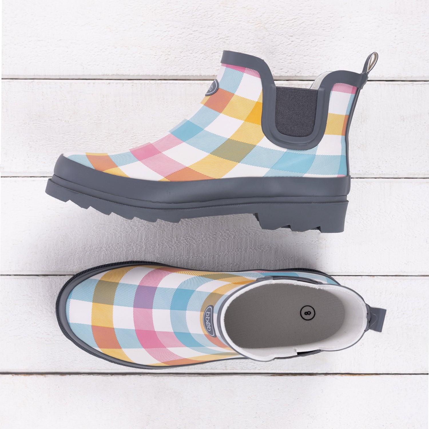 Outsidings Ankle Boot Check Mate in Multi Coloured, featuring a colourful check pattern with dark grey trim, elastic side panels and a pull tab.