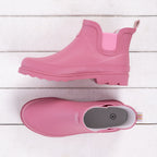 Wild rose pink ankle rain boot shown from the side and top, featuring elastic side panels, a rear pull tab and chunky treaded sole.