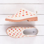 Outsidings Scuff Toffee Apple in Multi Coloured, featuring a cream slip-on design with a playful apple print and contrasting peach-toned sole.
