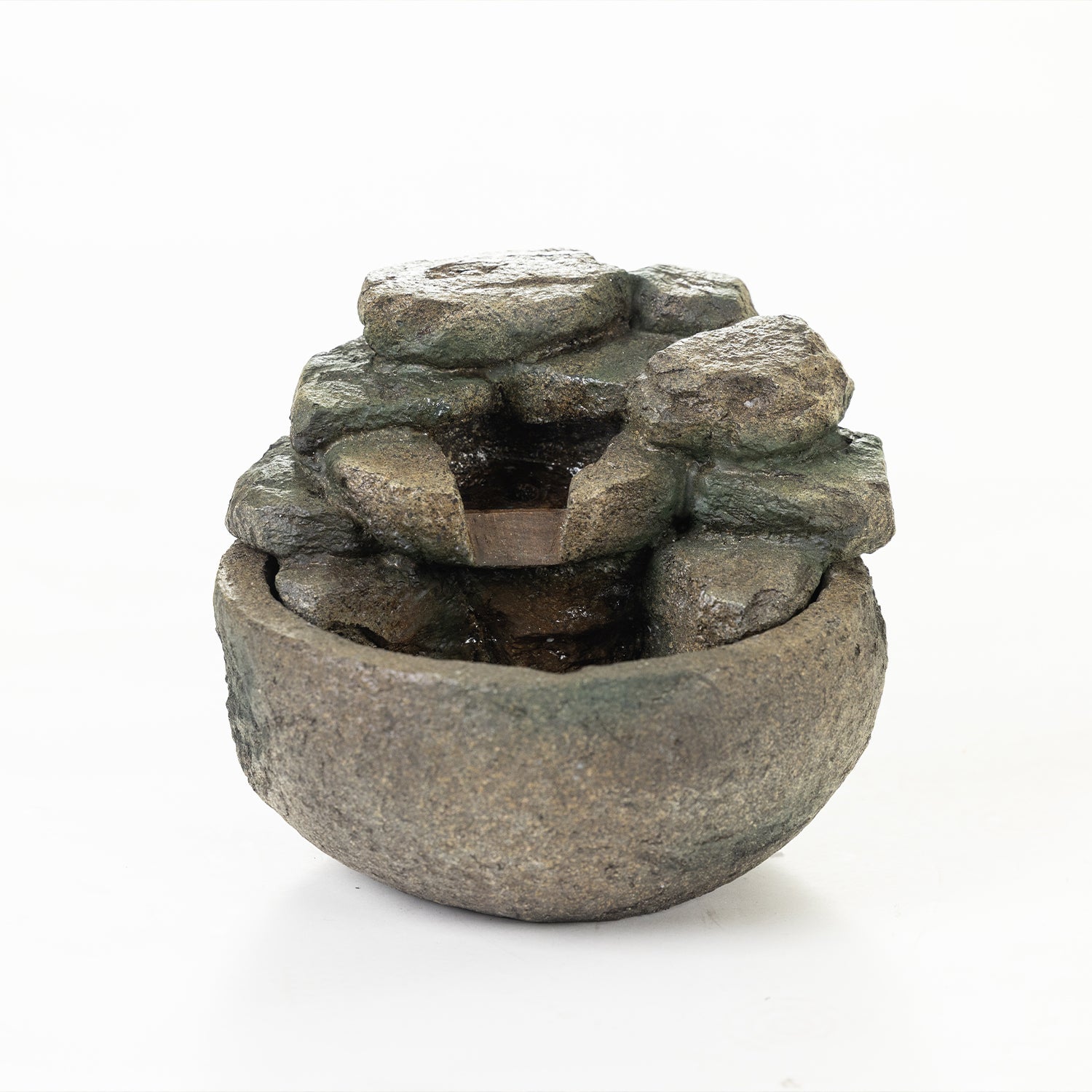 Rock-effect LED water fountain with stacked stone design, shown on a white background.