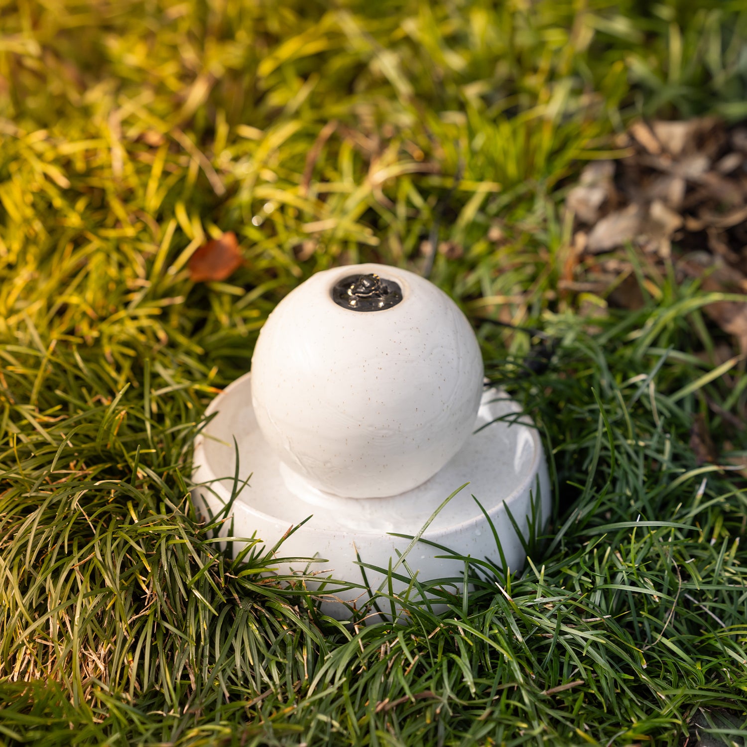 White porcelain ball LED fountain placed amongst ornamental garden grass in an outdoor setting.