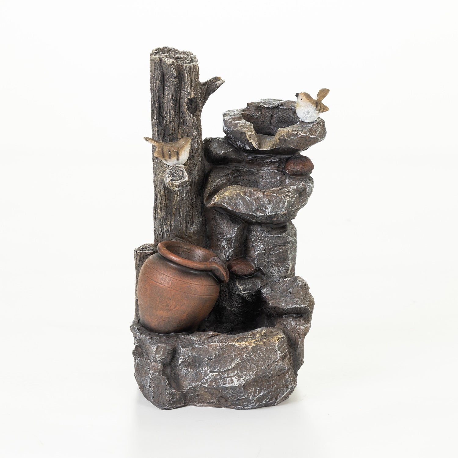 Outsidings Bird & LED Fountain featuring a tree trunk, cascading stone-look water bowls, decorative birds, and a terracotta-style pot, displayed against a white background.