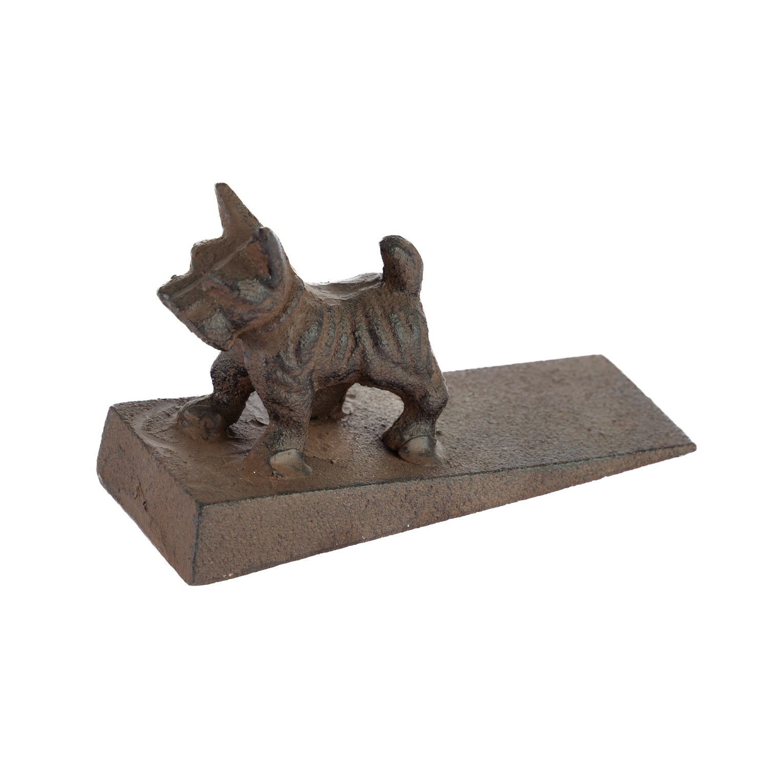 A decorative dark metal terrier-shaped doorstop mounted on a wedge-shaped base is shown against a plain light background.