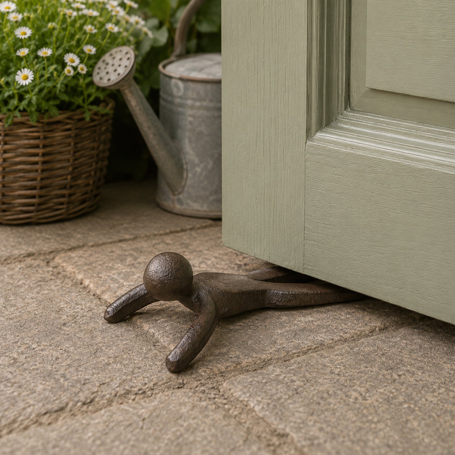 A dark metal doorstop in the shape of a simplified human figure is wedged beneath an open door on a stone patio, with garden accessories in the background.