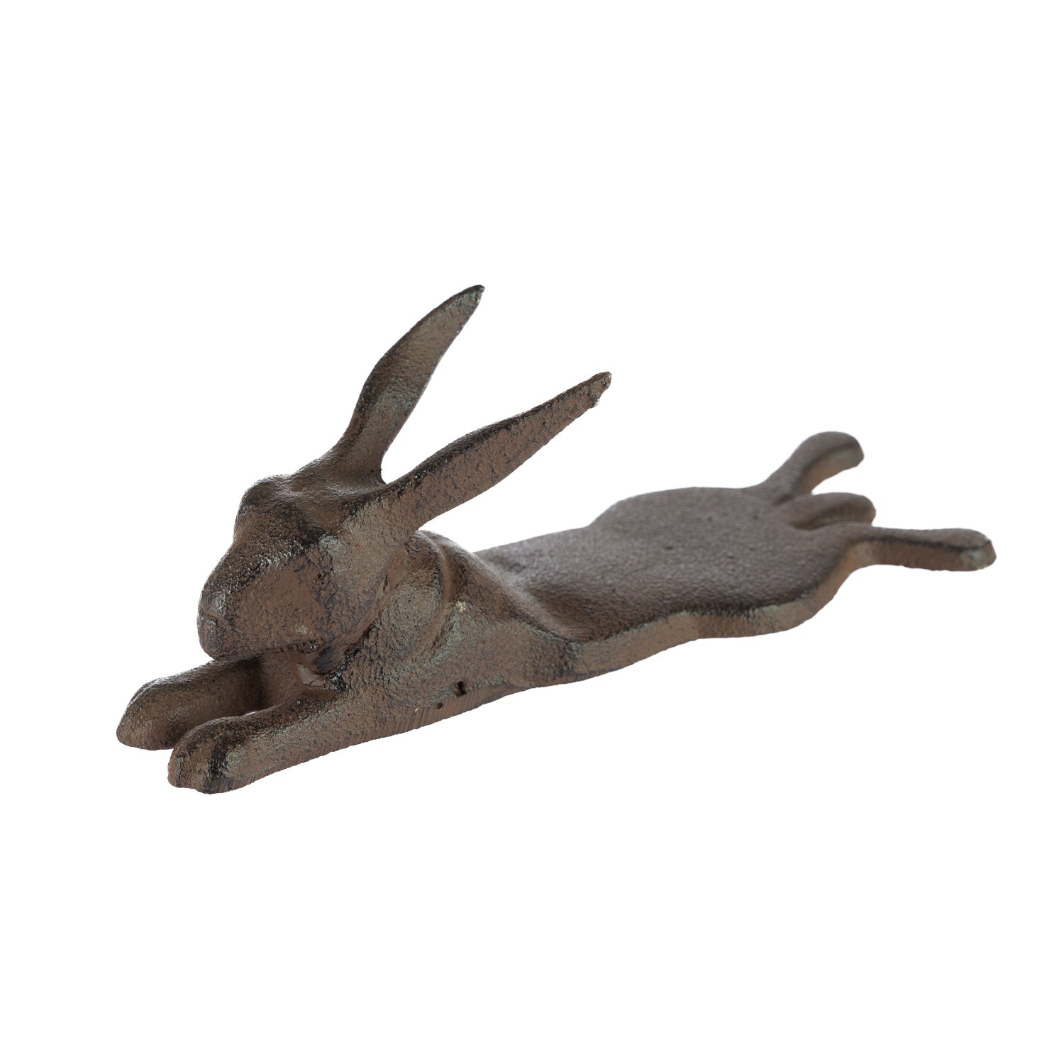 A decorative dark metal rabbit-shaped doorstop with an elongated body and extended front paws is shown against a plain light background.