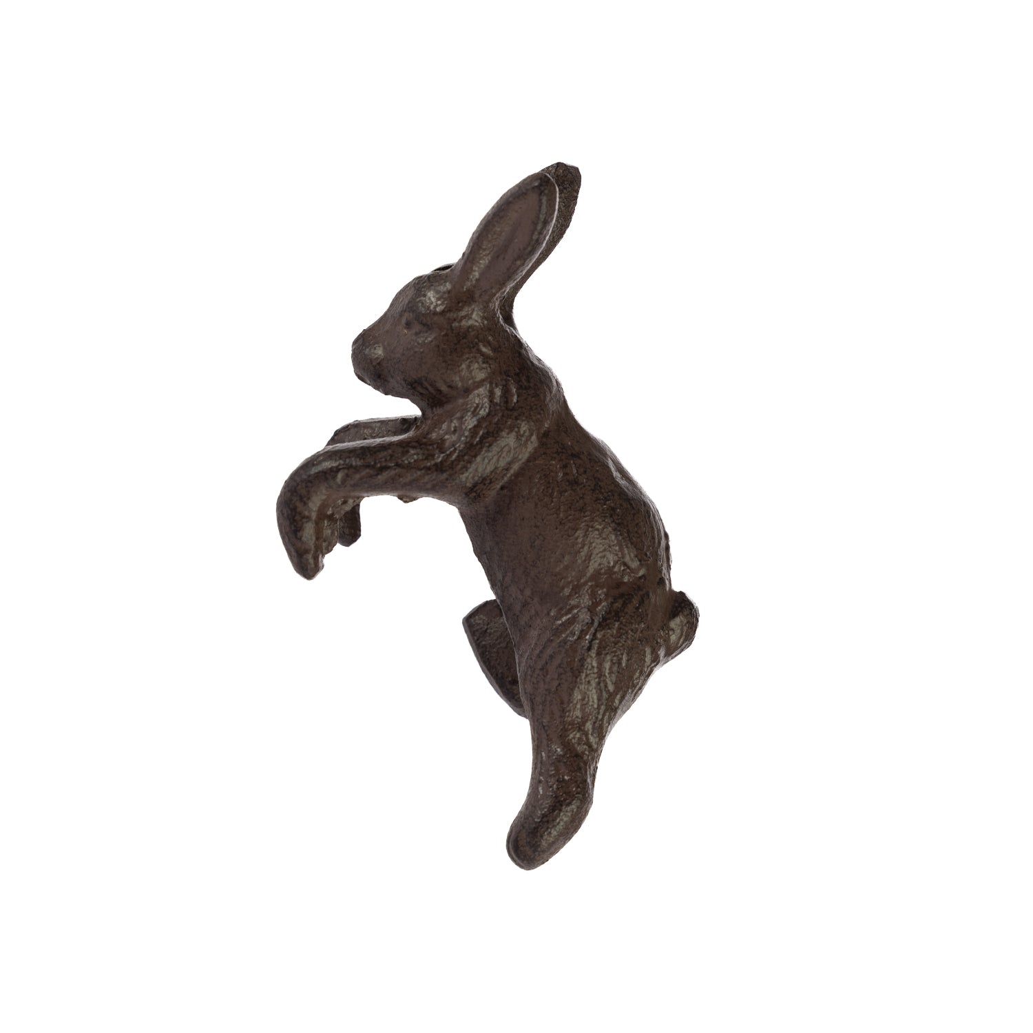 A small brown rabbit-shaped decorative hook or planter accent is shown in profile against a plain light background, appearing to cling with its front paws extended.
