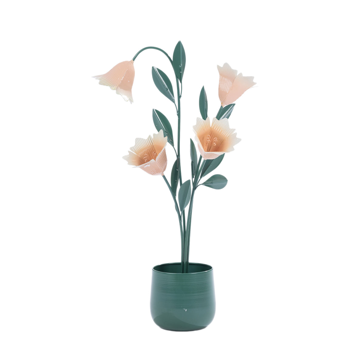 Green metal flower arrangement in a matching pot featuring soft peach flowers and decorative green leaves.