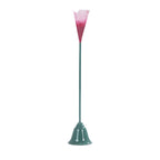 Pink and green metal stem candle holder with a tulip-shaped top.