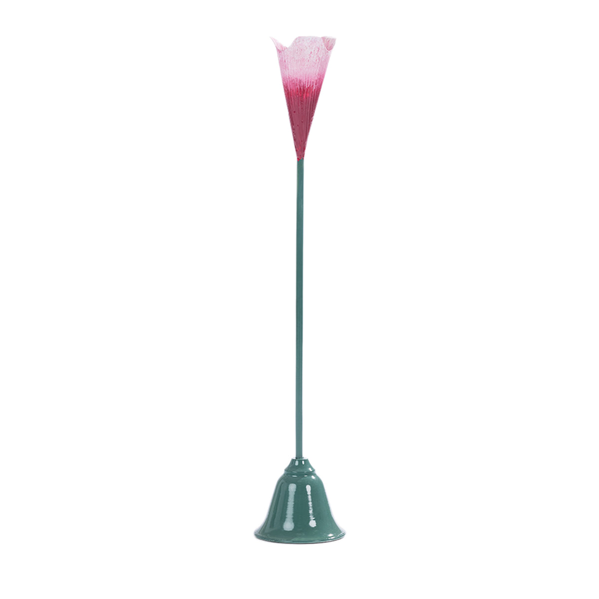 Pink and green metal stem candle holder with a tulip-shaped top.