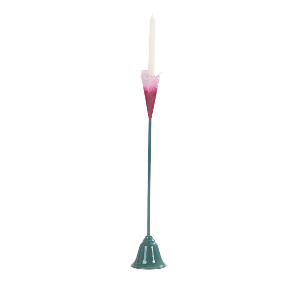 Pink and green metal stem candle holder with a white taper candle.