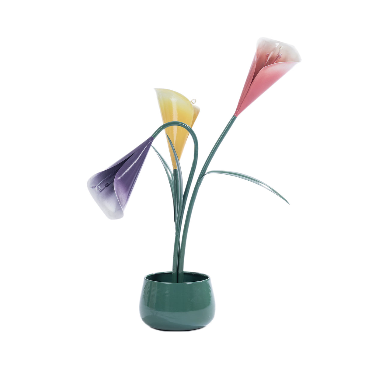 Green metal flower arrangement in a matching pot featuring pink, yellow and purple tulip-style flowers with decorative green leaves.