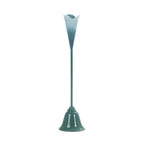 Blue and green metal stem candle holder with a tulip-shaped top.